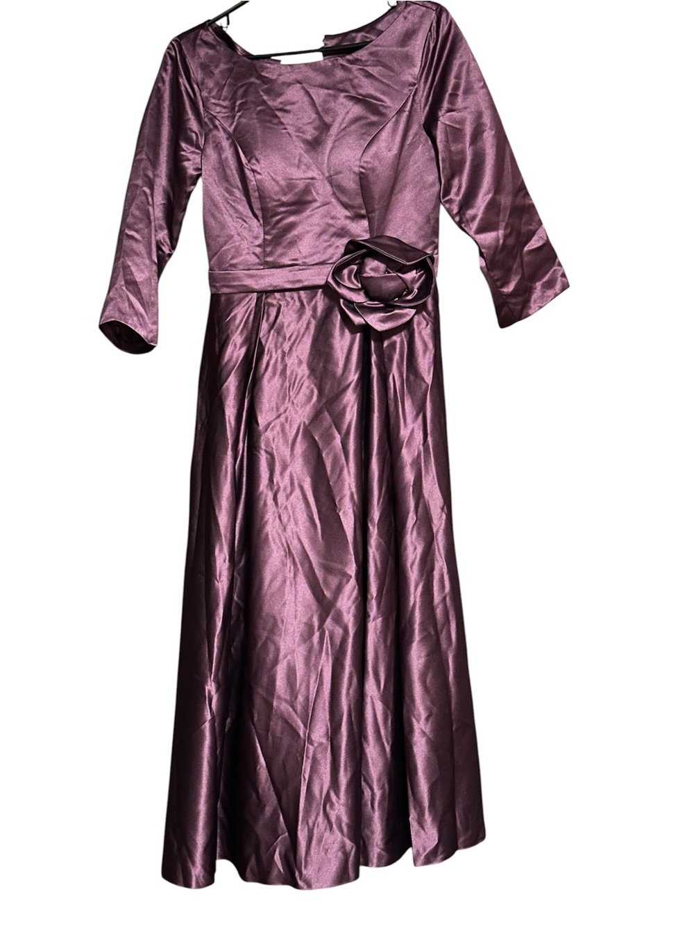 Elegant Plum Satin Midi Dress with Rosette Waist